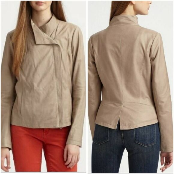 Vince Tan Asymmetric Zip Leather Jacket in Natural Sz M Mock Neck Buttery Soft - Picture 12 of 12